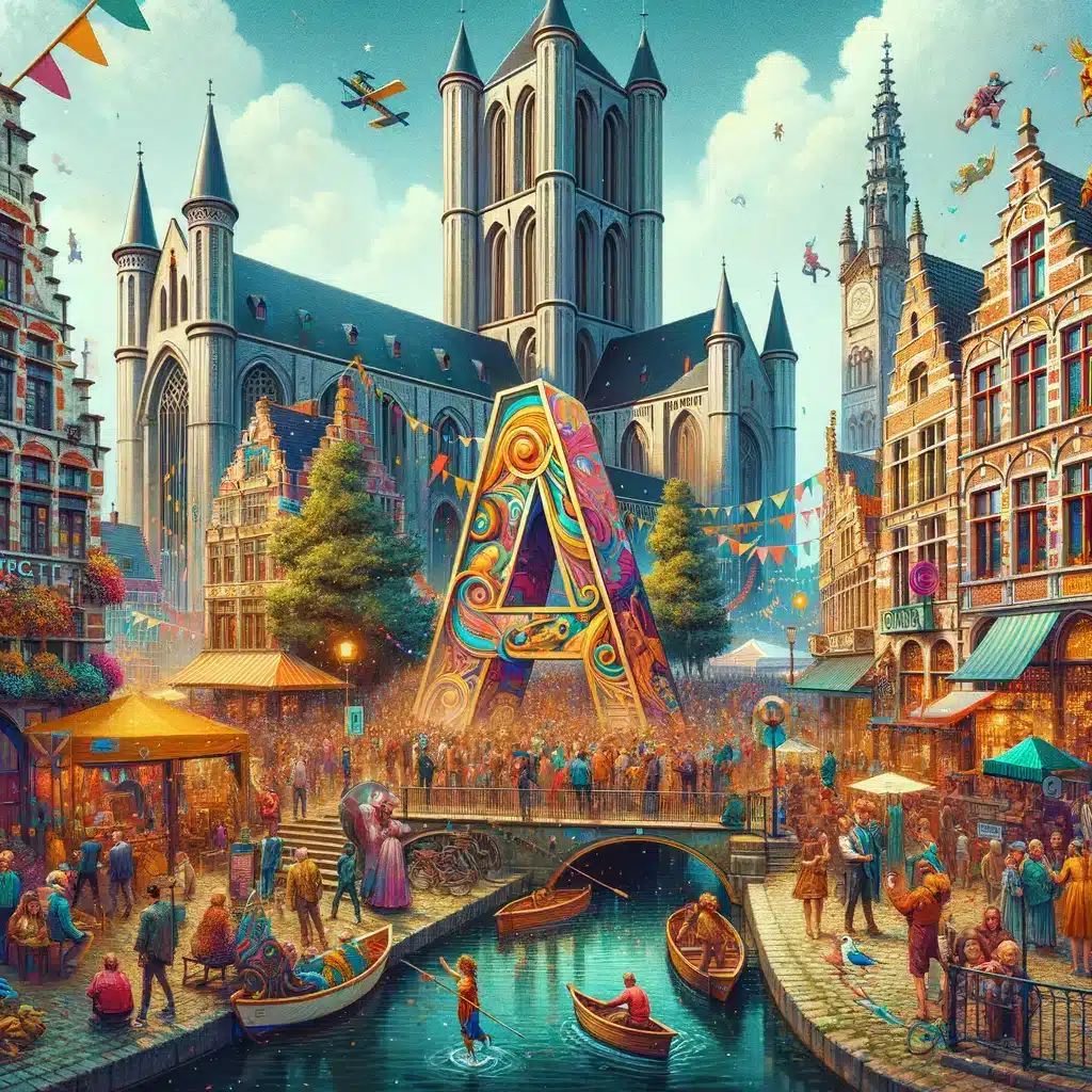 2An-artistic-depiction-of-Ghent-Belgium-during-the-Gentse-Feesten-theatre-festival.-The-scene-is-vibrant-and-festive-set-outside-the-Arca-Theatre