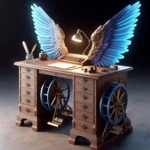 Een ouderwets engels houten bureau met schuifjes aan beide kanten, aan de achterkant komen er twee g Een ouderwets engels houten bureau met schuifjes aan beide kanten, aan de achterkant komen er twee g